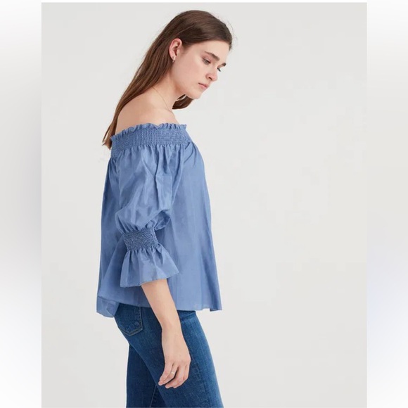 7 FOR ALL MANKIND Silk Off Shoulder Smock Top Blue Size XS Bohemian Cottagecore - Picture 12 of 13